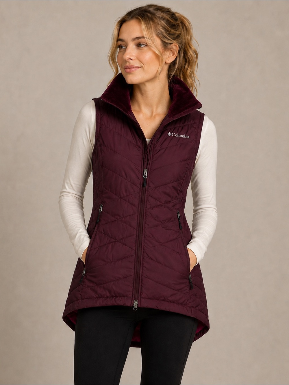 Columbia Women’s Burgundy Longline Quilted Puffer Vest XS Omni-Heat